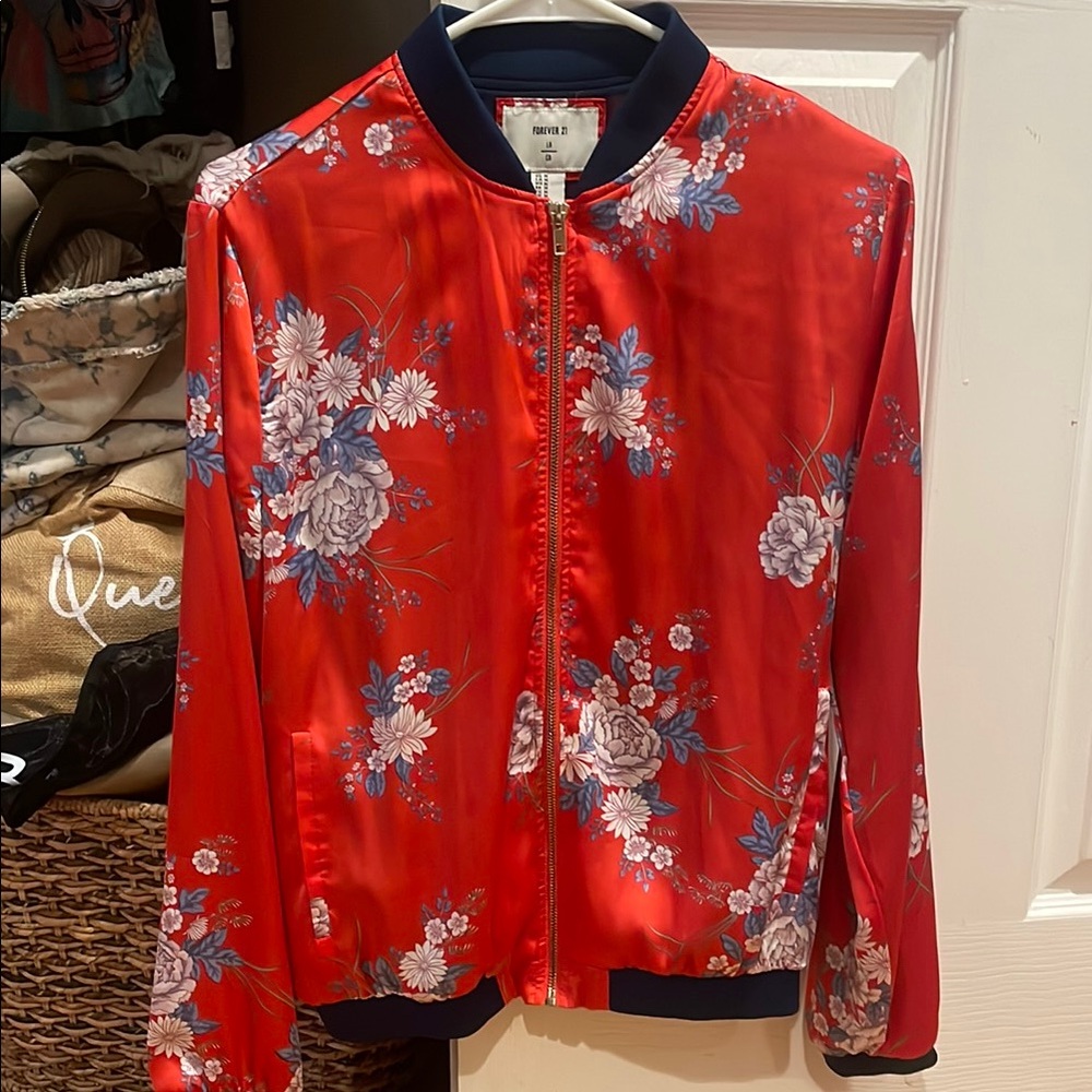 Forever 21 Red Bomber Jacket with Floral Design size medium